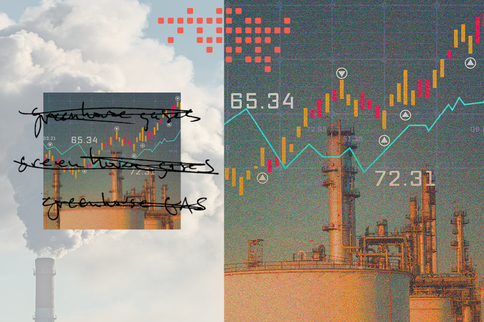 rising graphs over photos of smokestacks