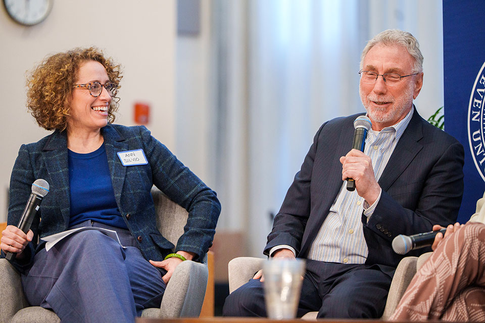 Professor Ann Silvio and Marty Baron at Brandeis’ annual Carapezza lecture.