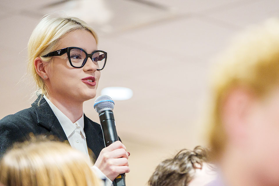 An audience member asks a question at Brandeis’ annual Carapezza lecture.