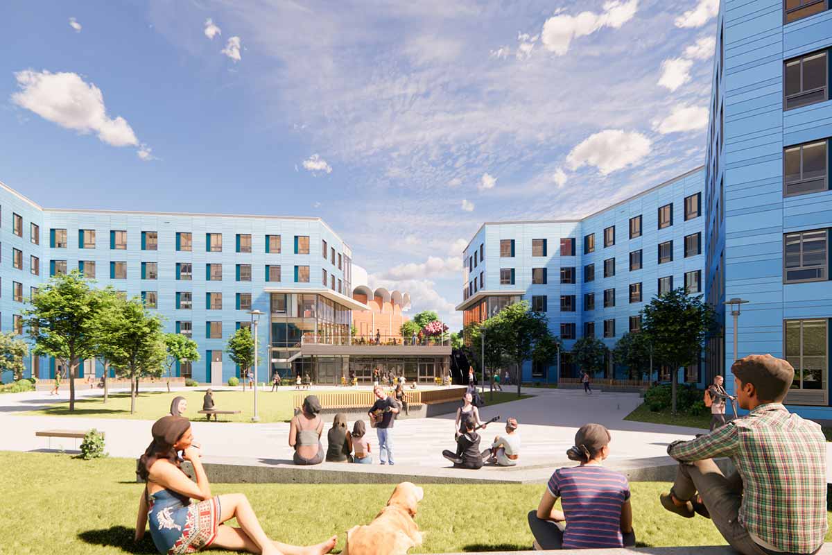 Rendering of a new residence hall featuring modern design and a courtyard