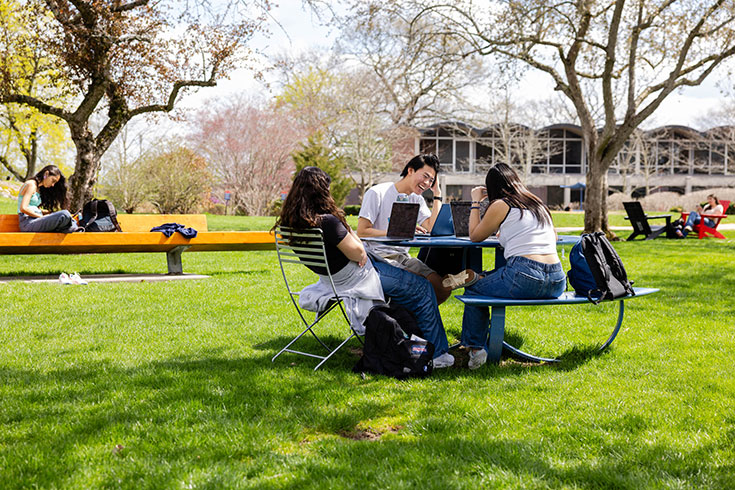 Students sit outside together at a table on a sunny day.
