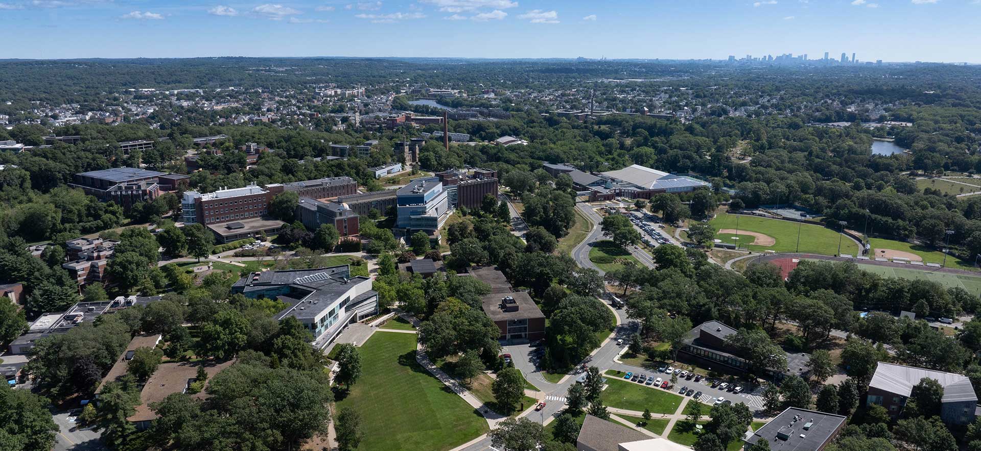An aerial view of the Brandeis campus in the summer.