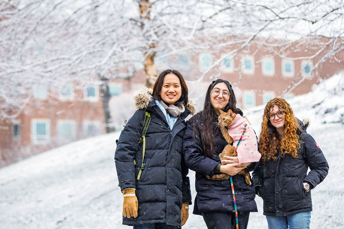 Three students stand outside on a snowy campus holding a cat wearing a sweater.
