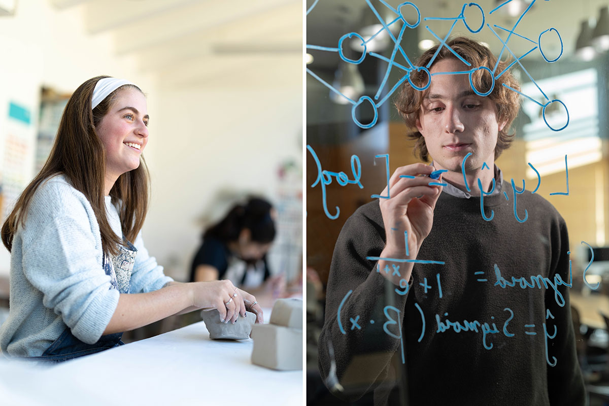 Two images. Left: a student working with clay at a table. Right: a student writing equations on a window.