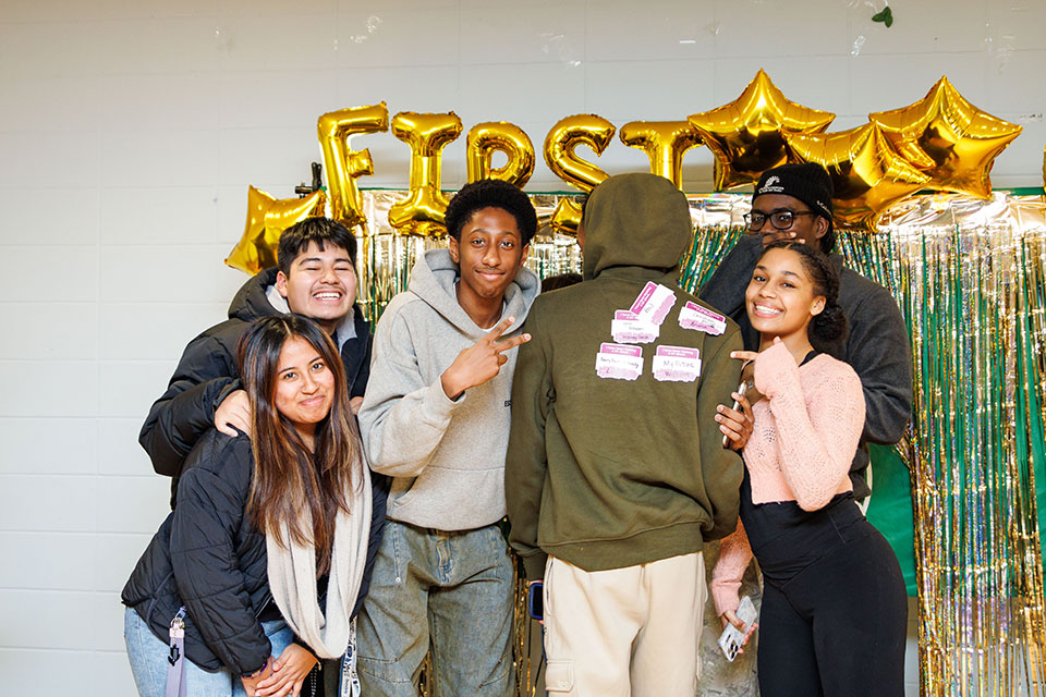 Students pose for a photo at the First-Generation Celebration Dinner.