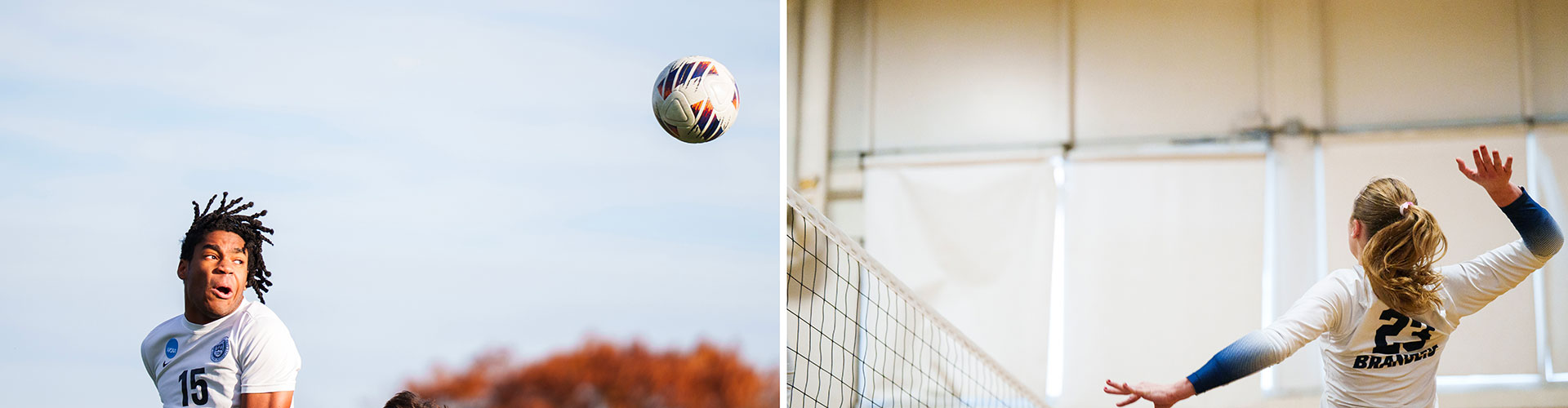 Two images. On the left, a soccer play heads a soccer ball. On the right, a volleyball player reaches up for the ball.