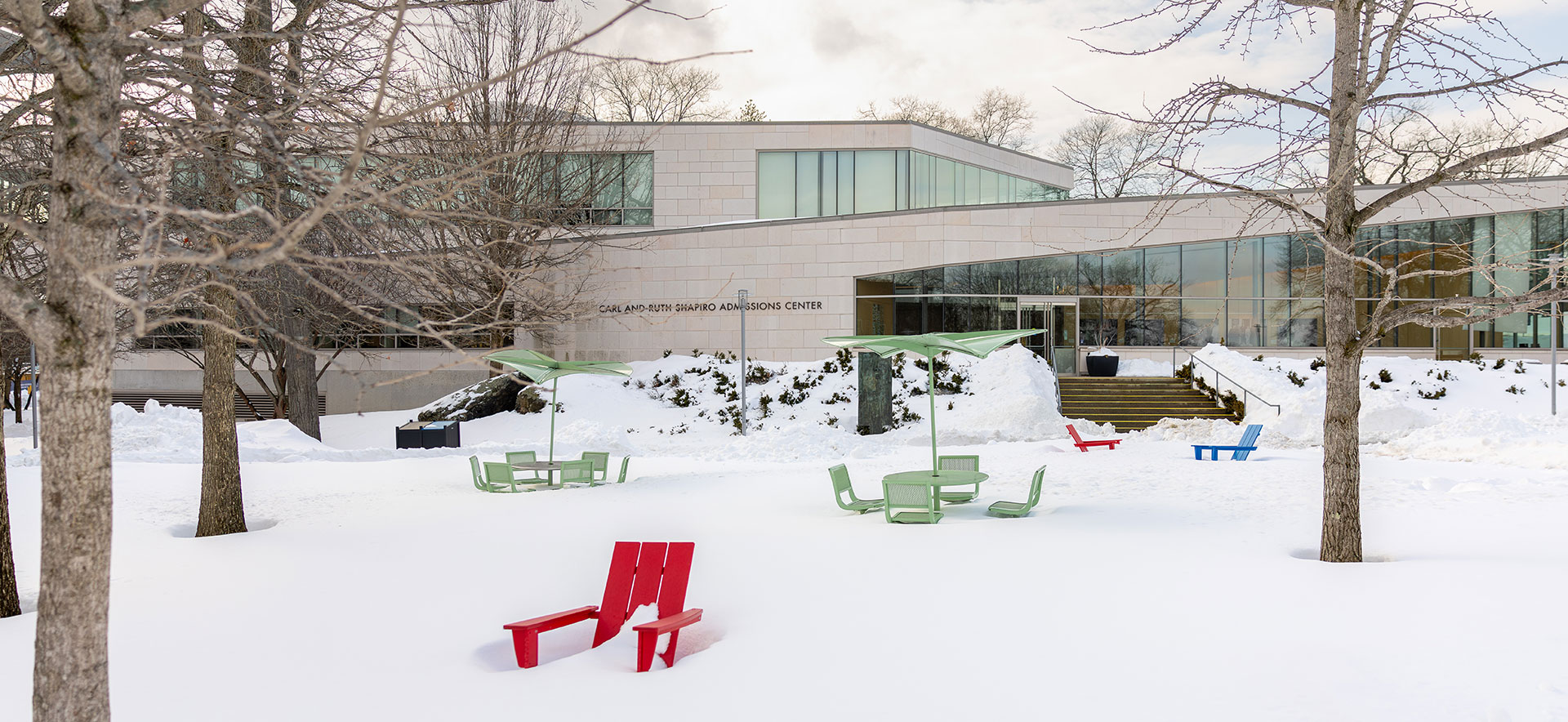 The Shapiro Admissions Center on a snowy day.