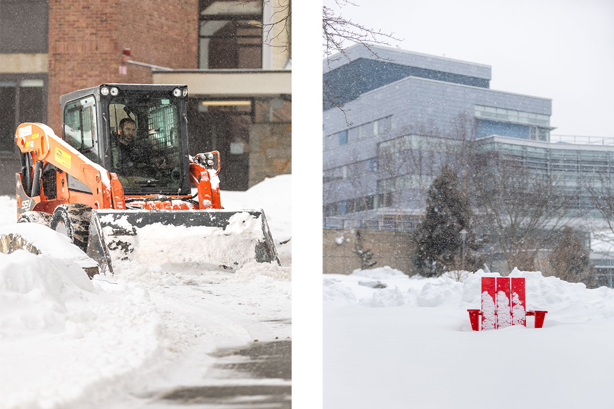 Two side-by-side images: On the right is a plow removing snow from a parking lot, on the left is a snowy Brandeis campus.