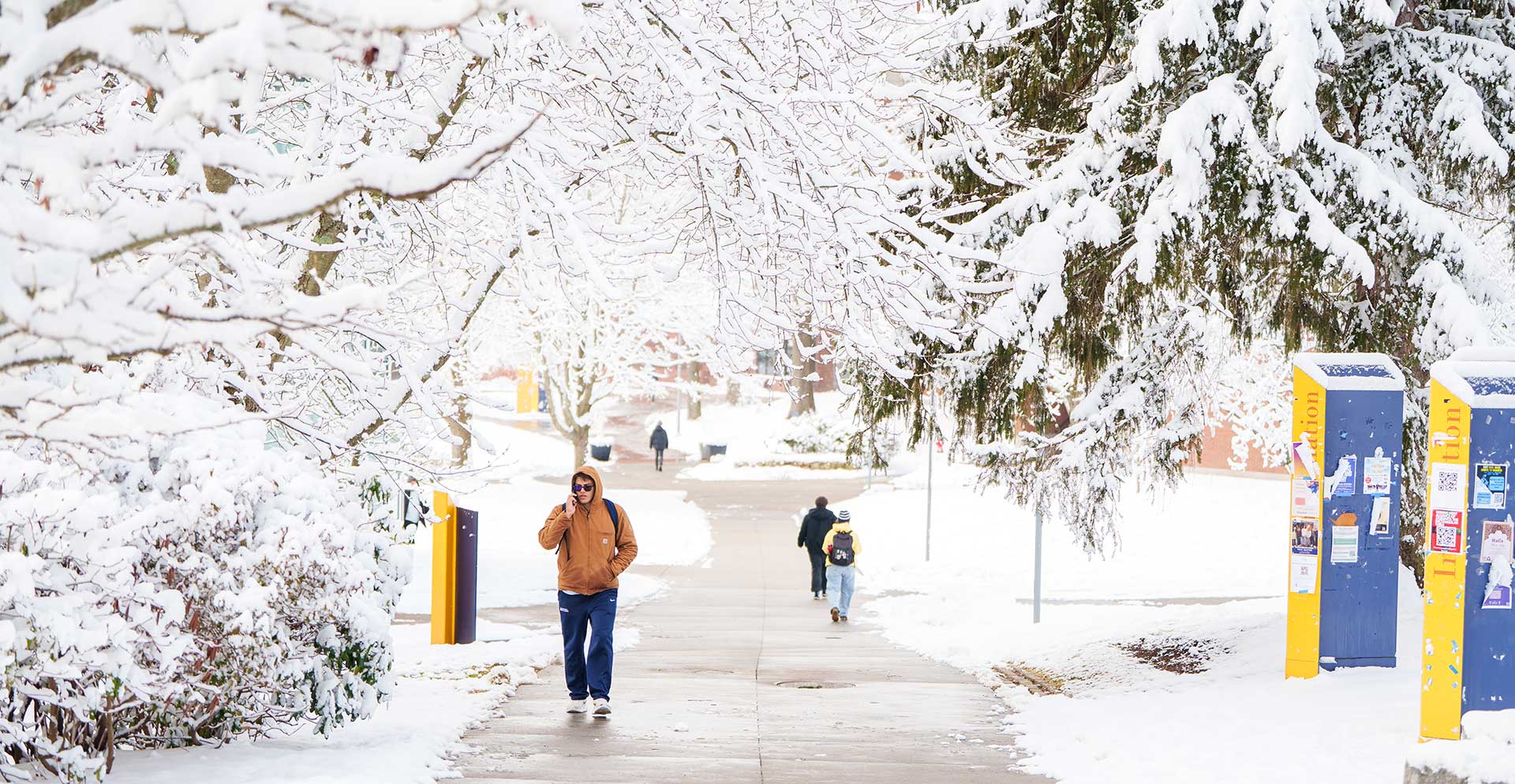 Students walk along a path on a snowy campus.