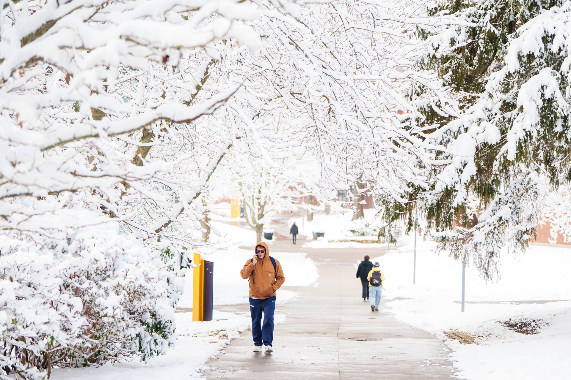 Students walk along a path on a snowy campus.