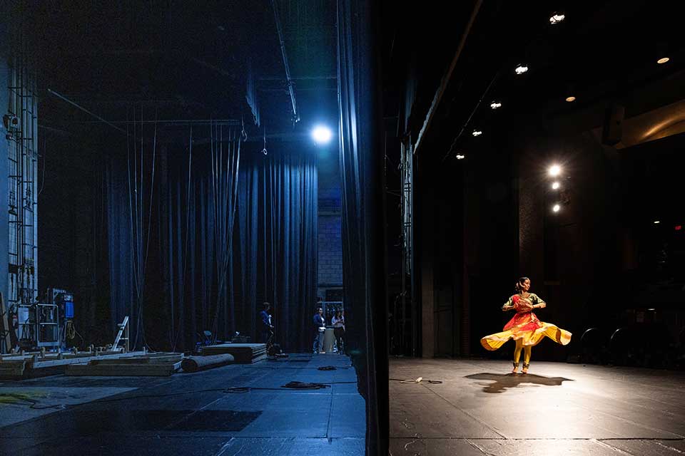 A dancer performs a traditional Indian Kathak dance during the Brandeis Got Talent student showcase.