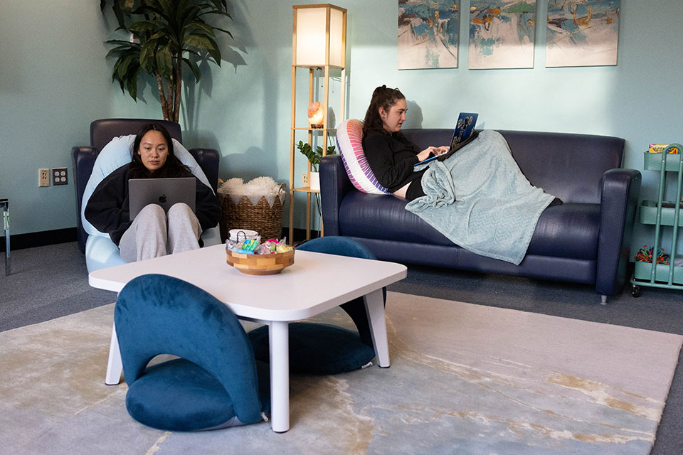 Two students sit on couches in the Oasis Wellness Lounge working on their laptops.