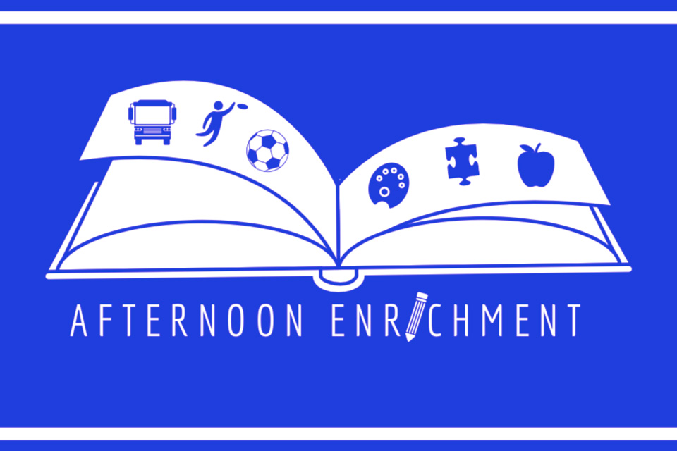 White book graphic on blue background, text reads: Afternoon enrichment 