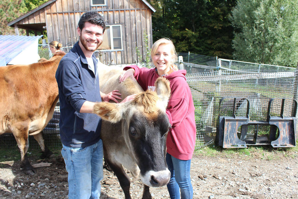 Two students smile while hugging a cow