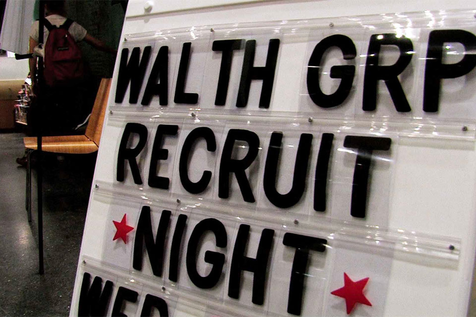 Close up of sign: WALTH GRP RECRUIT NIGHT