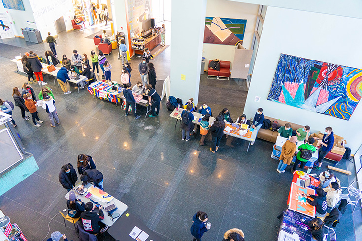 Aerial shot of the student organizations' tables at the Winter Involvement Fair