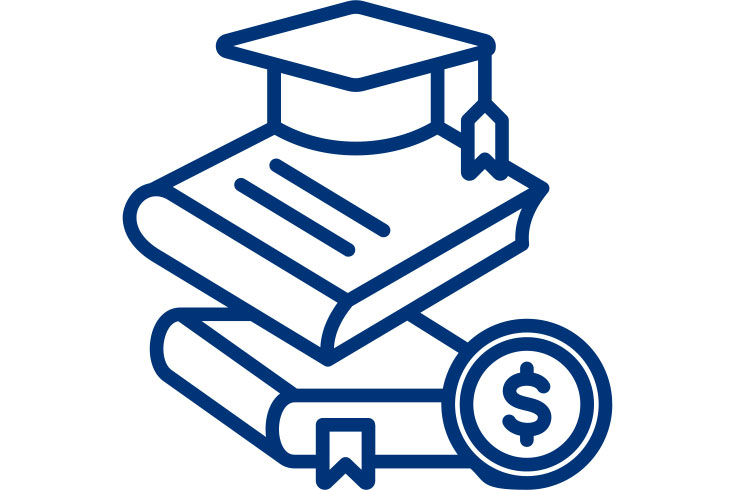 An icon of a graduation cap on a stack of books