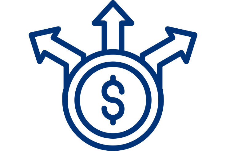 An icon of a money symbol with arrows facing in various directions