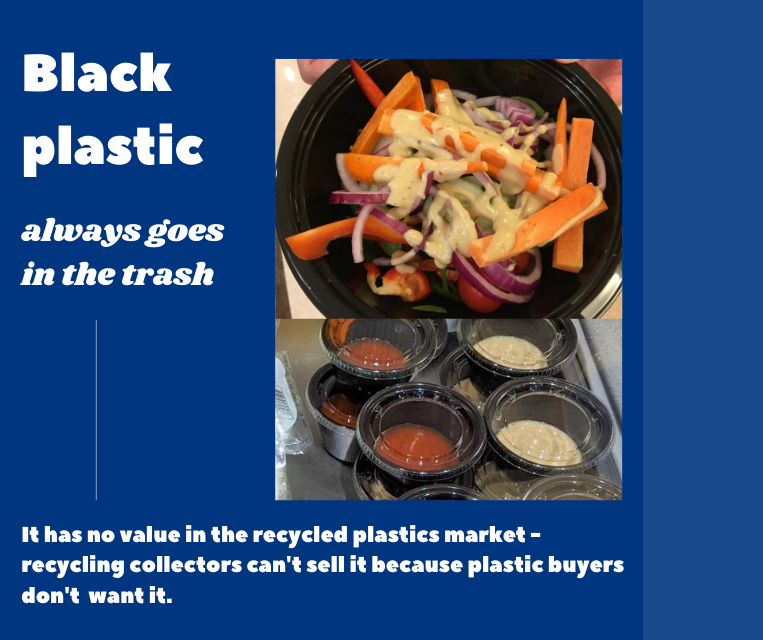 Black plastic containers in dining hall