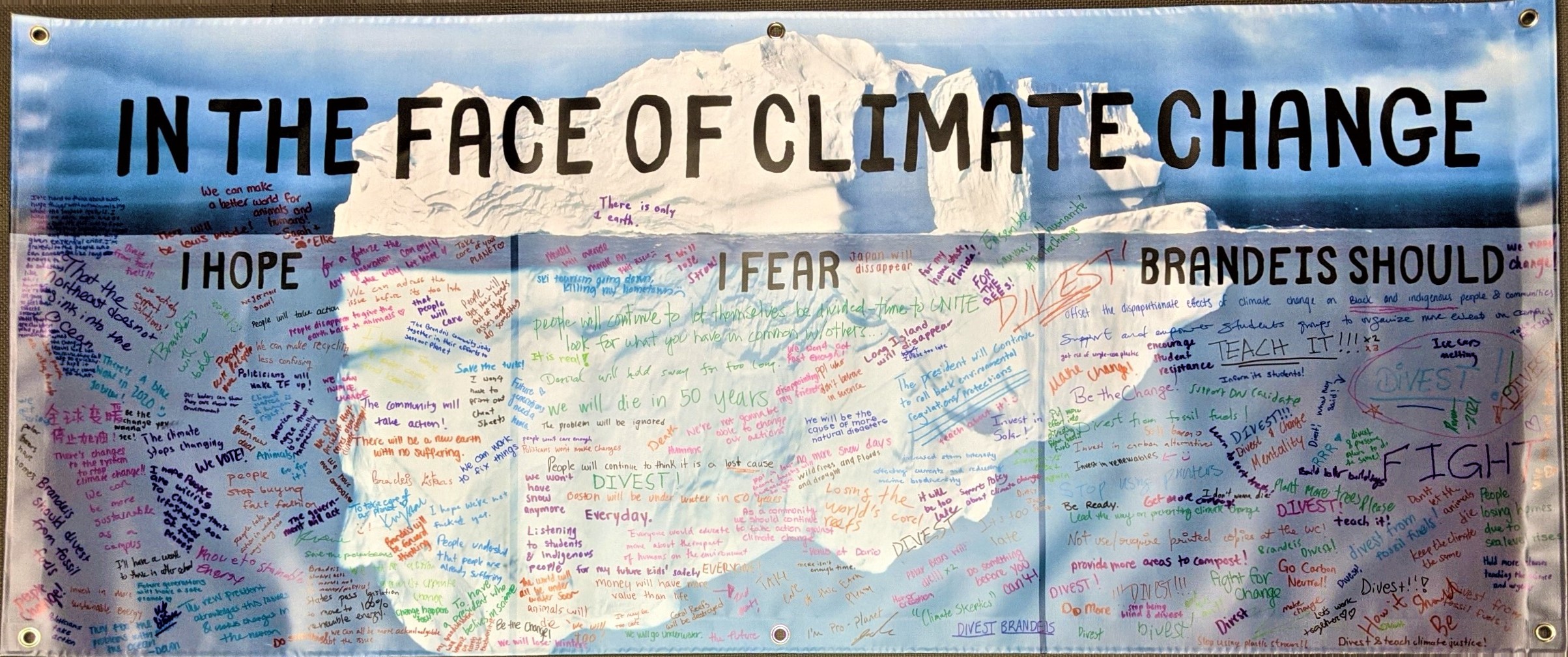 Image of banner that says “In the face of climate change, I hope/ I fear/ Brandeis should.” 