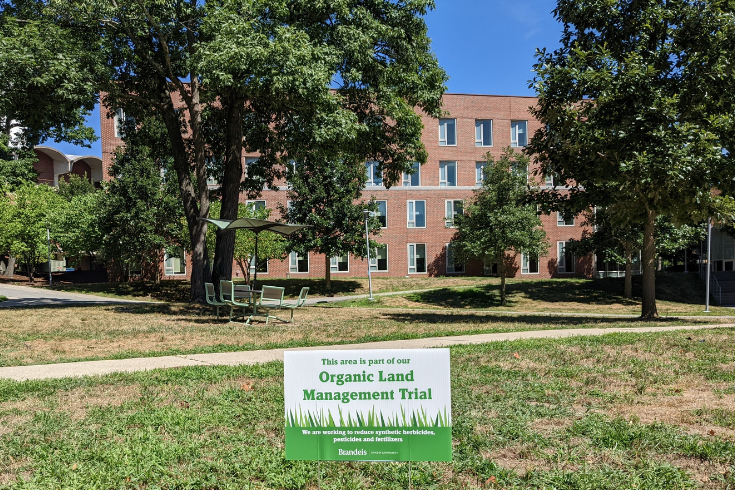 photo of ziv quad with lawn sign about organic land management trial
