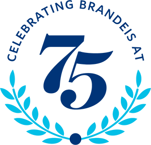 Logo of "Celebrating Brandeis at 75" with blue garlands below