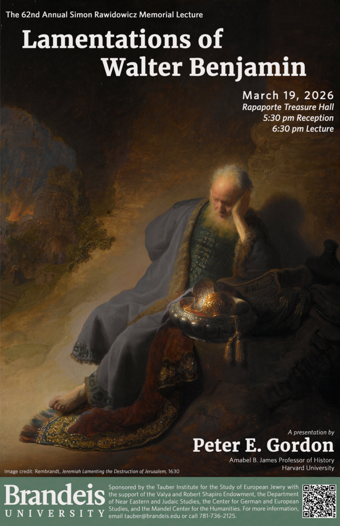The poster for a talk of Peter E. Gordon with the Painting of Rembrandt depicting a lamenting Jeremiah