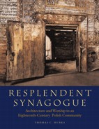 "Resplendent Synagogue" book cover with background photo of an old synagogue with walls decorated with ornate patterns and Hebrew text and a large wooden door that opens to another room and a doorway to the outside. 