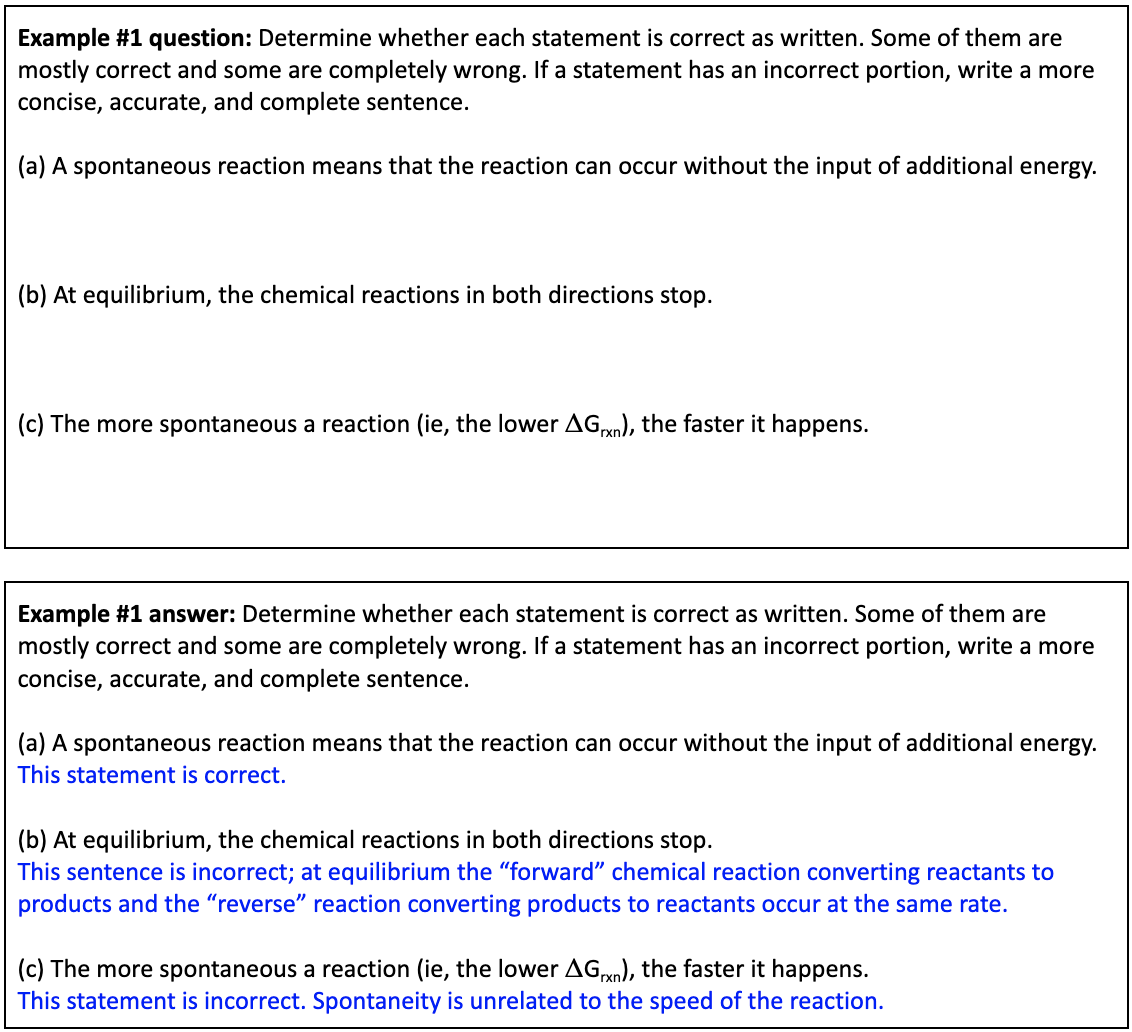 Example of a statement corrections activity from a chemistry course with 3 statements. 1 statement is correct. 2 statements are false, and students have to correct them.