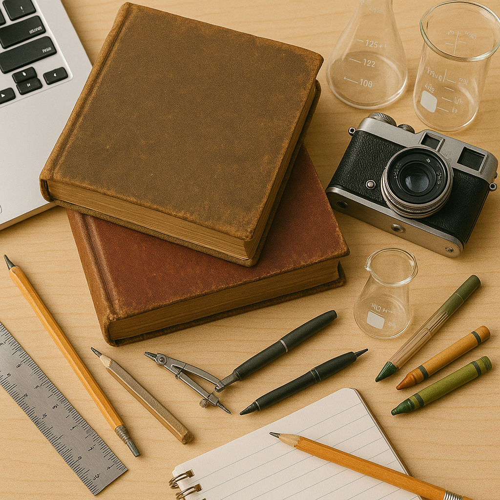 Academic tools, such as books, a laptop, pens, pencils, flasks, etc. spread on a trabletop