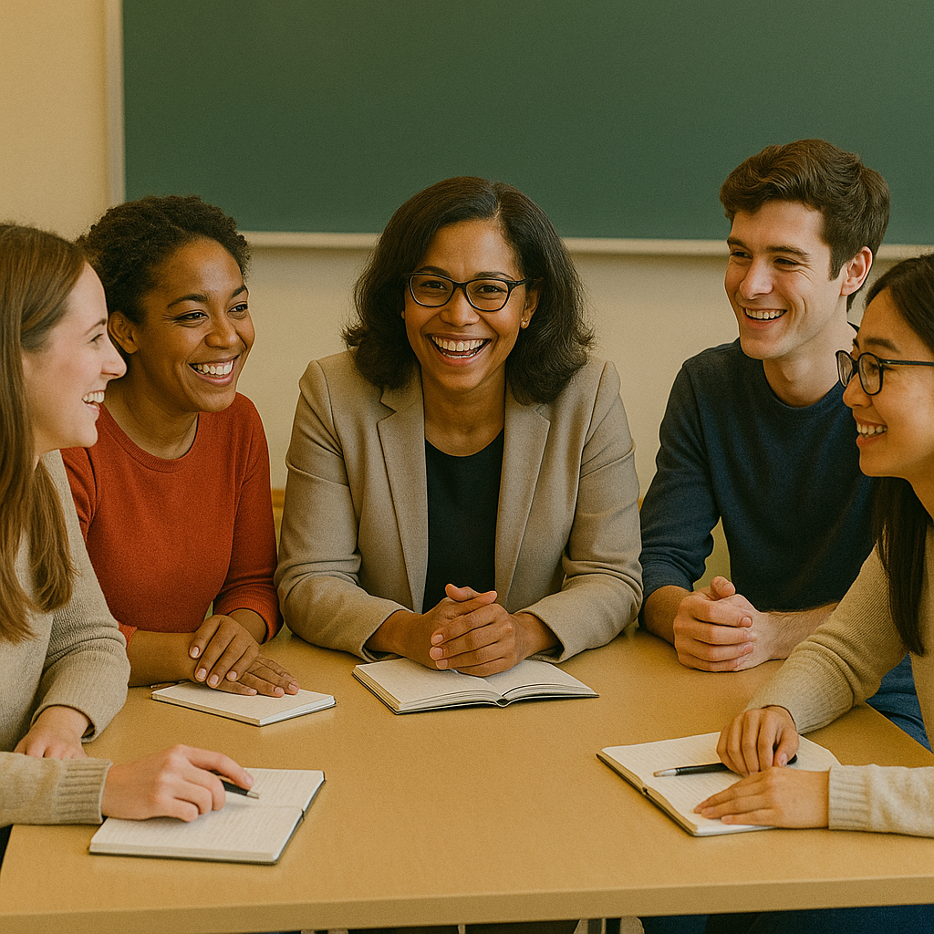 A professor and students enjoy each other's company around a seminar table