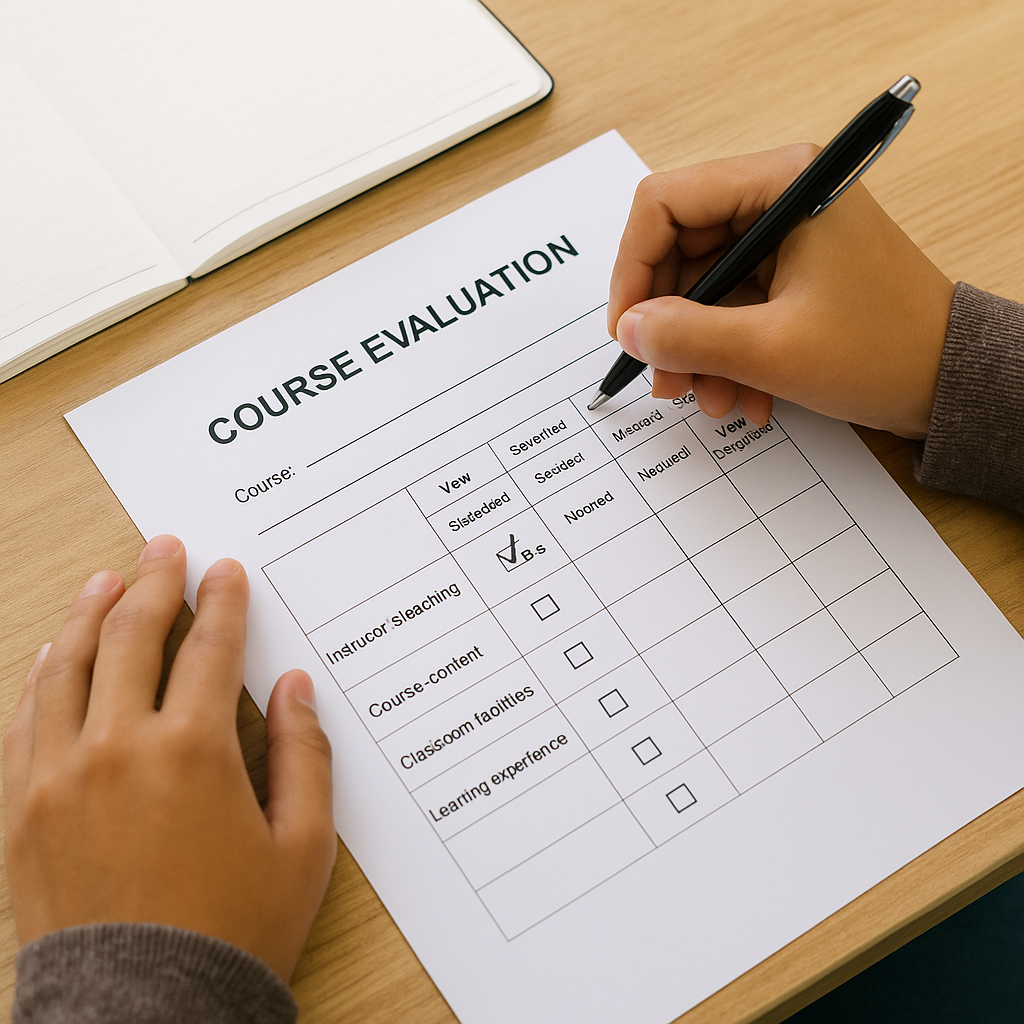 A student completes a course evaluation form
