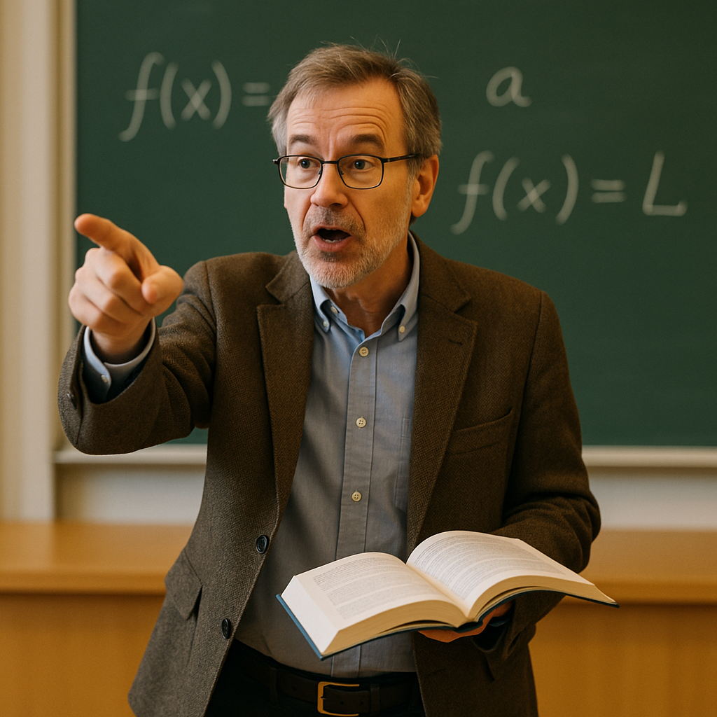 A professor lectures while holding a textbook
