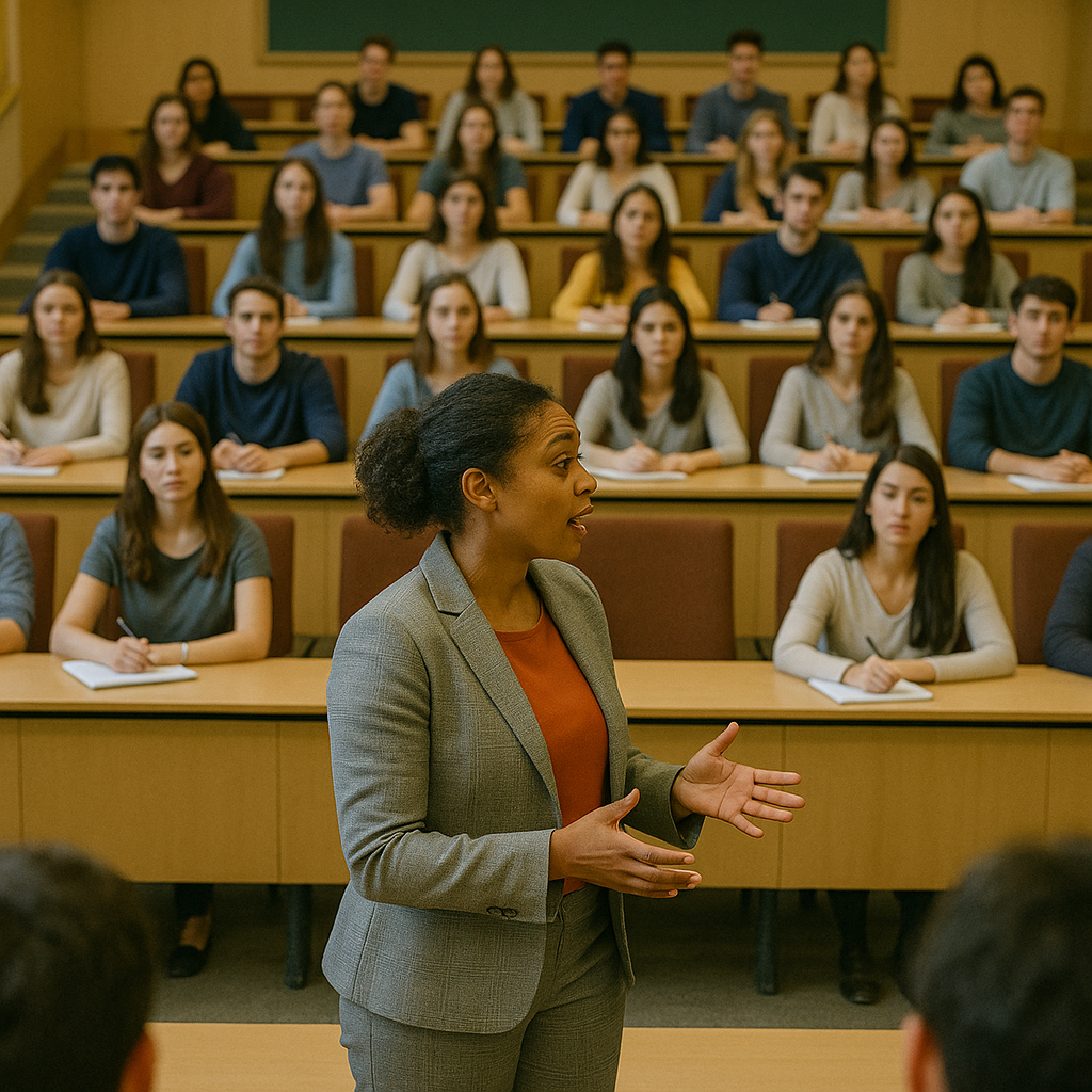A professor lectures to a large group of students
