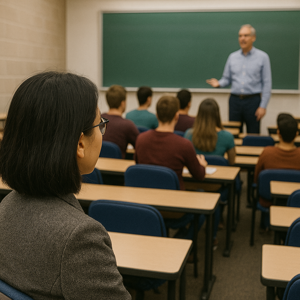 A professor observes a colleague teaching from the back of a classroom