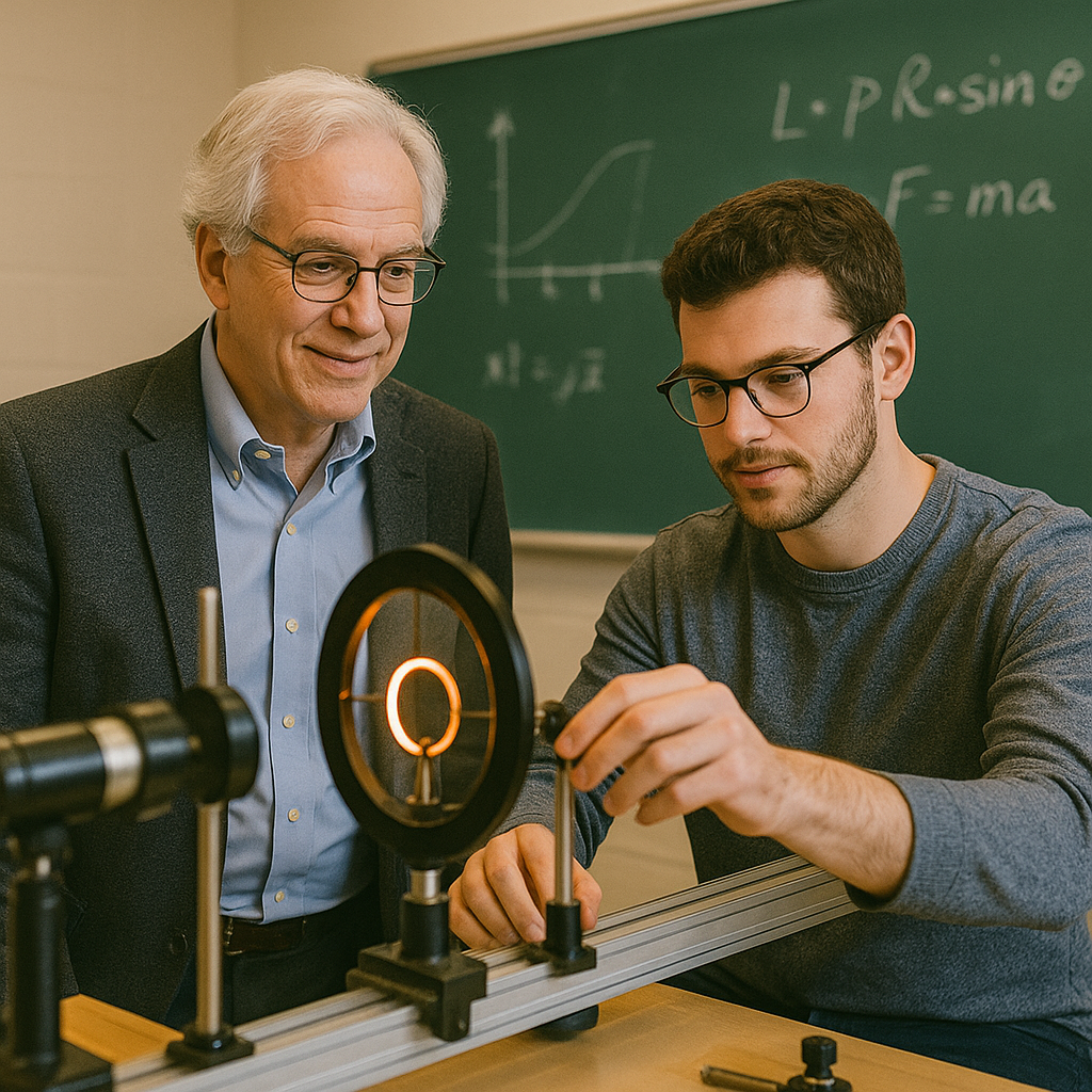 A professor supervises a student in a physics lab