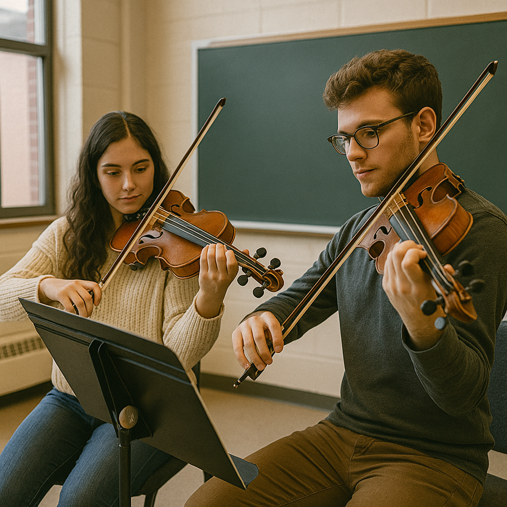 Two students rehearse a violin piece together