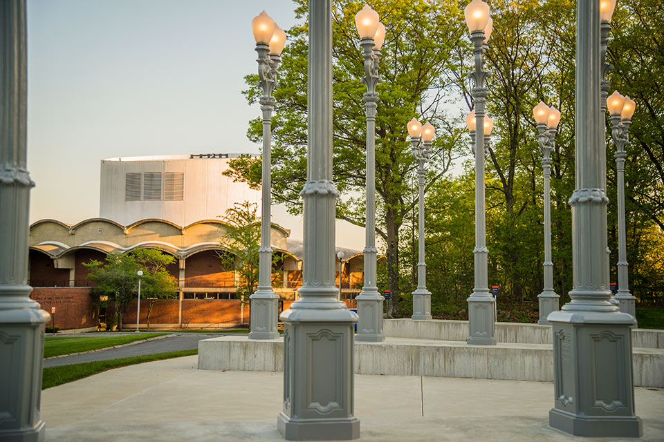 Exterior of the Spingold Theater Center from the Rose Art Museum's Light of Reason