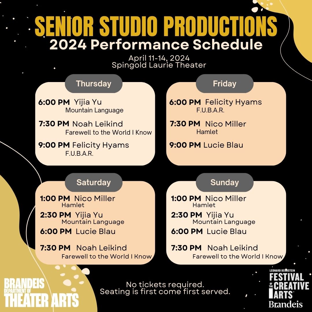 senior studio performance schedule with days and times for each performance