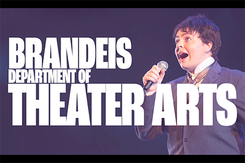 Student singing into mic with overlay text that reads: Brandeis Department of Theater Arts