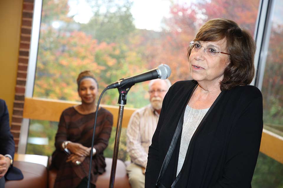 Carol Saivetz speaking at a Library dedication