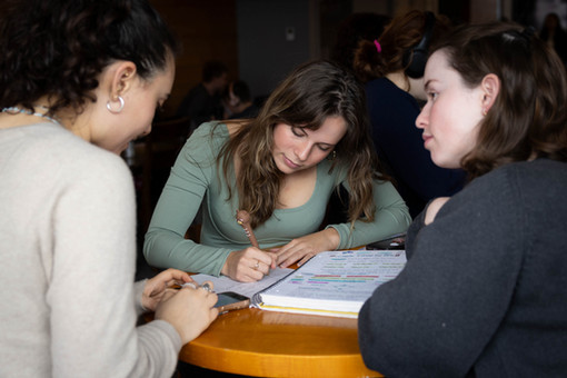 Three students sitting around a table talking