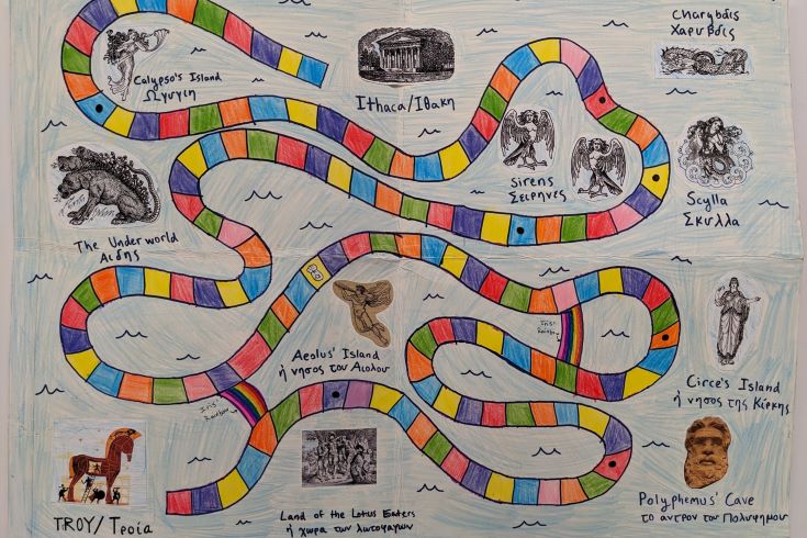 a board game with colorful paths and Greek statue figurines