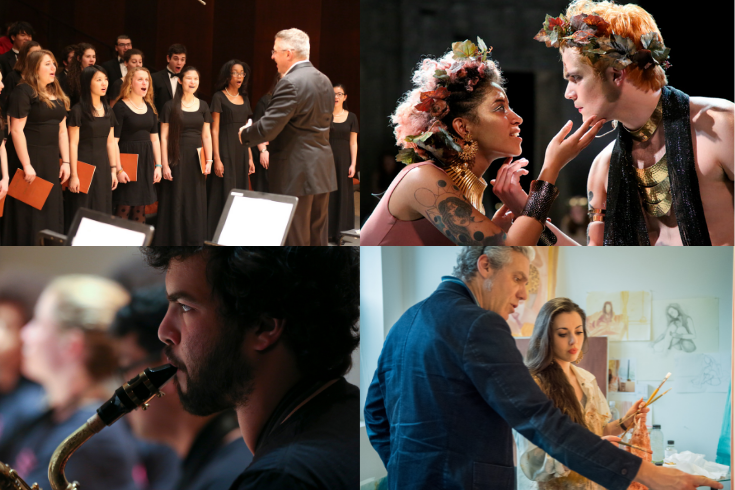 collage of four photos of students in acting class, music, and art