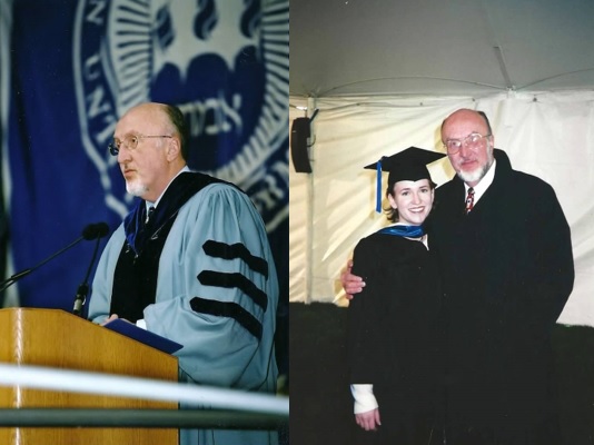 Two-photo collage with one as commencement emcee and one with Hose and his daughter at her commencement