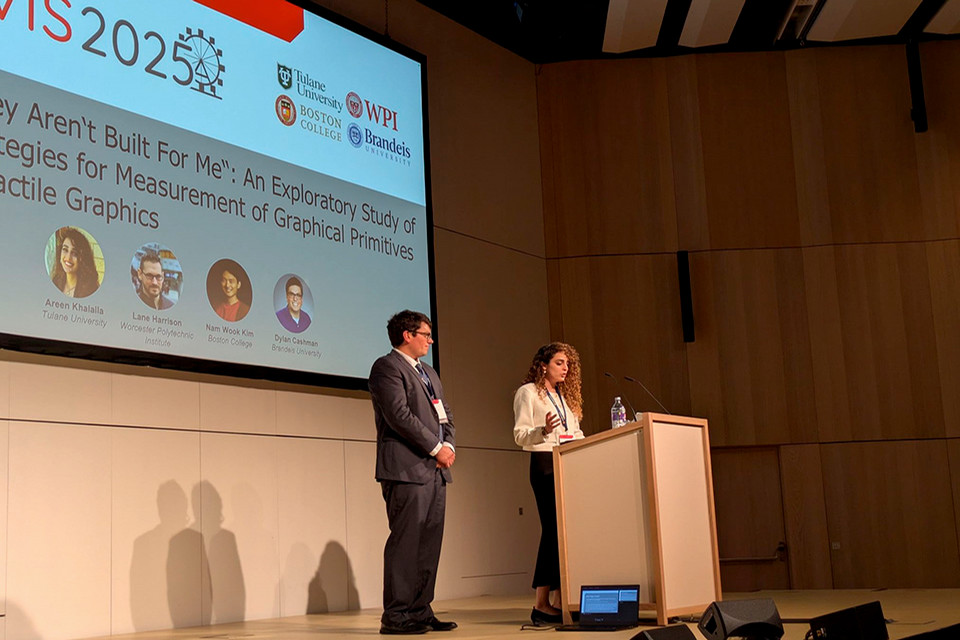 Areen stand on a podium with and speaks to a crowd