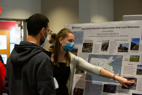 Emmy Huefner '22 explaining her project, Experiential Education Opportunities Near Local Waterways, showcasing off-campus and interdisciplinary research opportunities