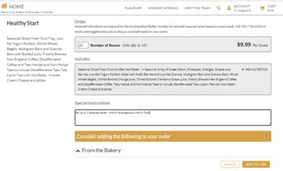 Screen shot of adding an item to your cart, where you can add the number of guests or special instructions