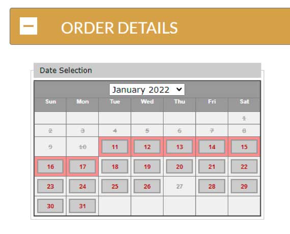 Digital calendar displaying Jan. 2022. Jan 11-17 are outlined in pink. Jan 18-31 (except Jan. 27) are highlighted in gray with bold red numbers
