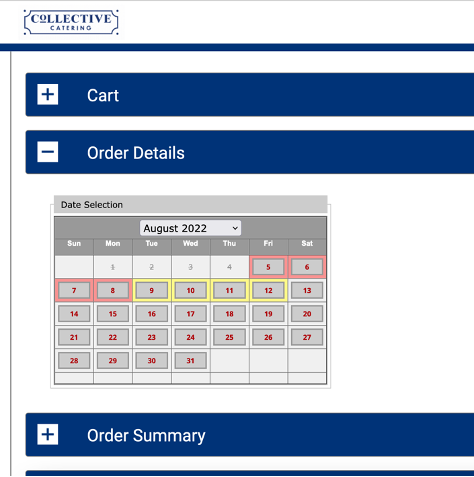A calendar preview of ordering dates that are available